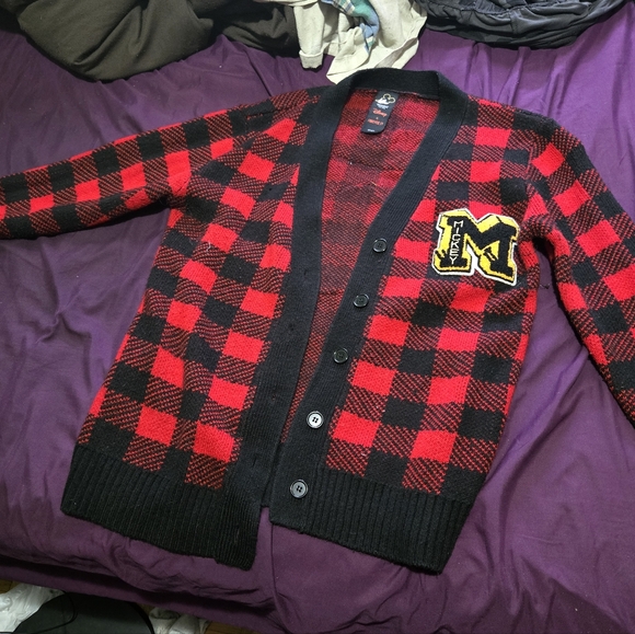 Disney Sweaters - Disney Forever 21 Red and Black Plaid Cardigan Mickey Mouse M NWOT